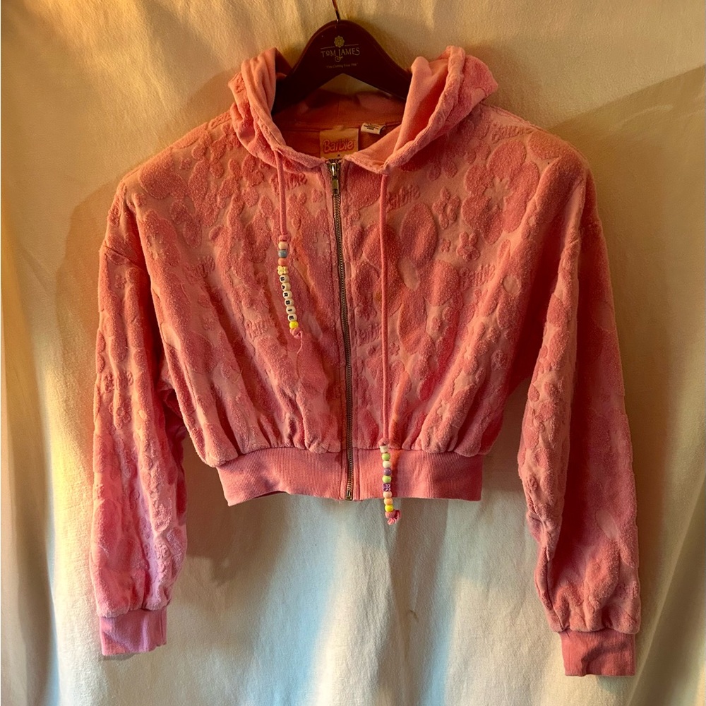 Barbie X Forever 21 Womens S Pink Cropped Hooded Zip Jacket Terry Textured